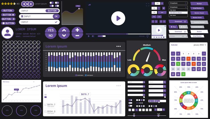 Vector a dark set of interface elements for web and mobile applications with modern icons buttons and graphs ideal for business analytics finance and data management