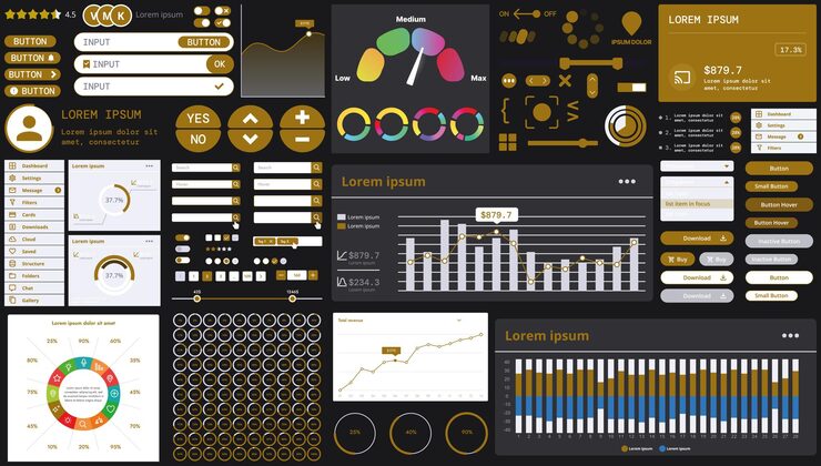 Vector a dark set of interface elements for web and mobile applications with modern icons buttons and graphs ideal for business analytics finance and data management