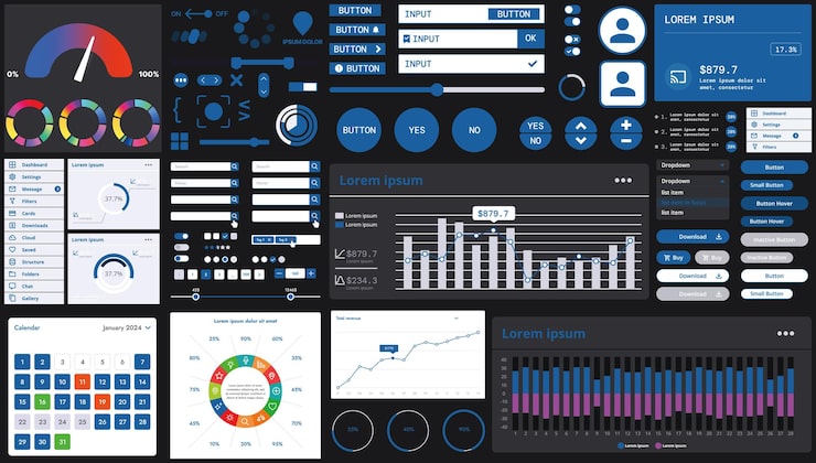 Vector a dark set of interface elements for web and mobile applications with modern icons buttons and graphs ideal for business analytics finance and data management