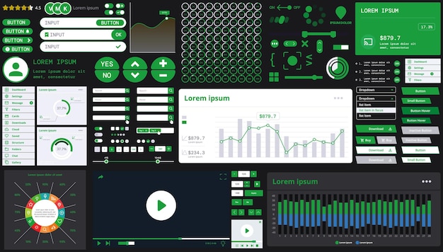 A dark set of interface elements for web and mobile applications with modern icons buttons and graphs ideal for business analytics finance and data management