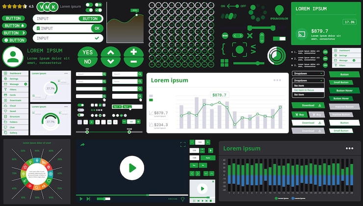 Vector a dark set of interface elements for web and mobile applications with modern icons buttons and graphs ideal for business analytics finance and data management