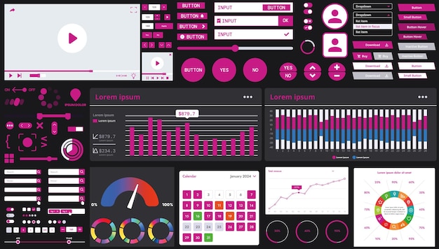 A dark set of interface elements for web and mobile applications with modern icons buttons and graphs ideal for business analytics finance and data management