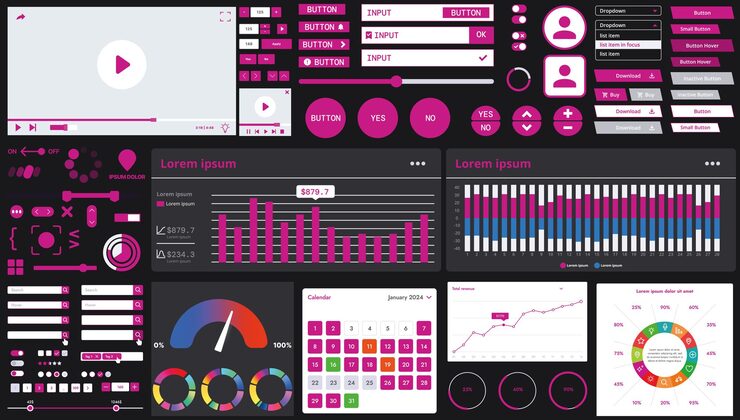 Vector a dark set of interface elements for web and mobile applications with modern icons buttons and graphs ideal for business analytics finance and data management