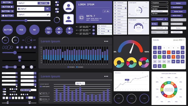 Vector a dark set of interface elements for web and mobile applications with modern icons buttons and graphs ideal for business analytics finance and data management