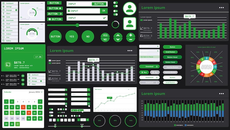 Vector a dark set of interface elements for web and mobile applications with modern icons buttons and graphs ideal for business analytics finance and data management