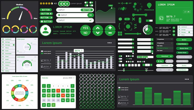 Vector a dark set of interface elements for web and mobile applications with modern icons buttons and graphs ideal for business analytics finance and data management