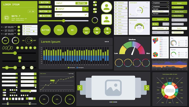 Vector a dark set of interface elements for web and mobile applications with modern icons buttons and graphs ideal for business analytics finance and data management