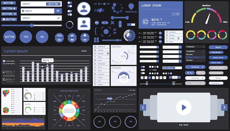 Vector a dark set of interface elements for web and mobile applications with modern icons buttons and graphs ideal for business analytics finance and data management