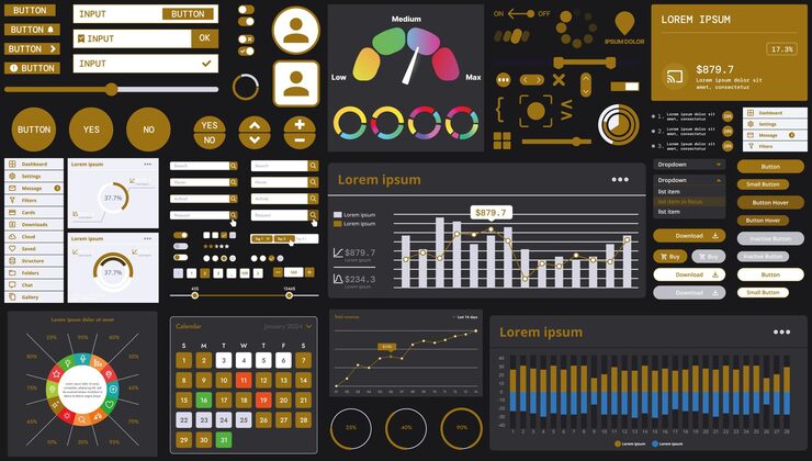 Vector a dark set of interface elements for web and mobile applications with modern icons buttons and graphs ideal for business analytics finance and data management