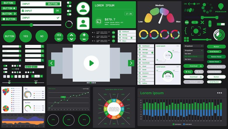 Vector a dark set of interface elements for web and mobile applications with modern icons buttons and graphs ideal for business analytics finance and data management