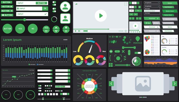 A dark set of interface elements for web and mobile applications with modern icons buttons and graphs ideal for business analytics finance and data management