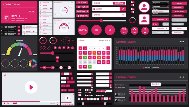 A dark set of interface elements for web and mobile applications with modern icons buttons and graphs ideal for business analytics finance and data management