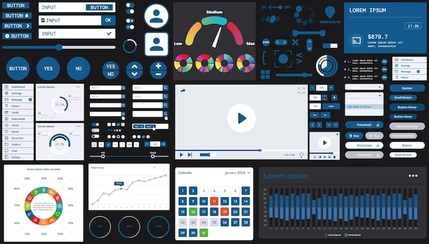 A dark set of interface elements for web and mobile applications with modern icons buttons and graphs ideal for business analytics finance and data management