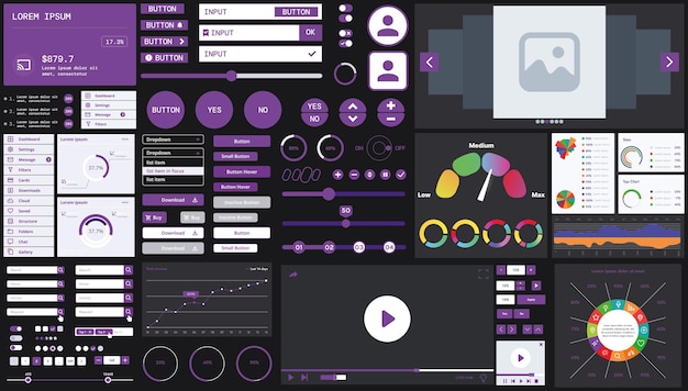 A dark set of interface elements for web and mobile applications with modern icons buttons and graphs ideal for business analytics finance and data management