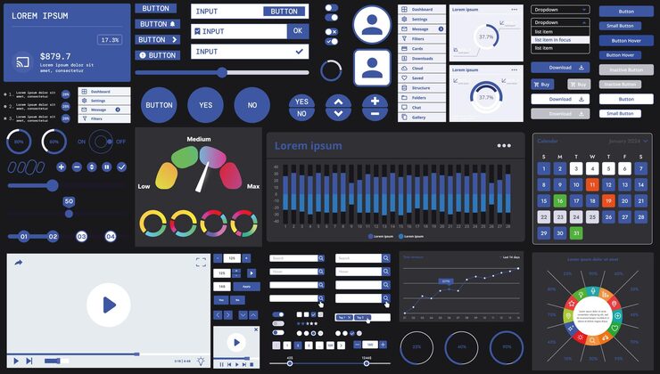 Vector a dark set of interface elements for web and mobile applications with modern icons buttons and graphs ideal for business analytics finance and data management