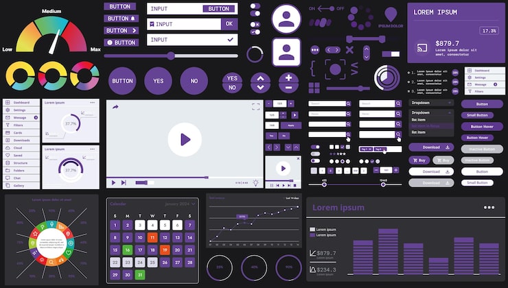 Vector a dark set of interface elements for web and mobile applications with modern icons buttons and graphs ideal for business analytics finance and data management