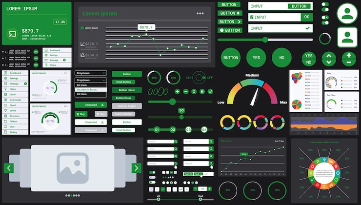 Vector a dark set of interface elements for web and mobile applications with modern icons buttons and graphs ideal for business analytics finance and data management