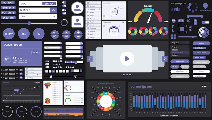 Vector a dark set of interface elements for web and mobile applications with modern icons buttons and graphs ideal for business analytics finance and data management