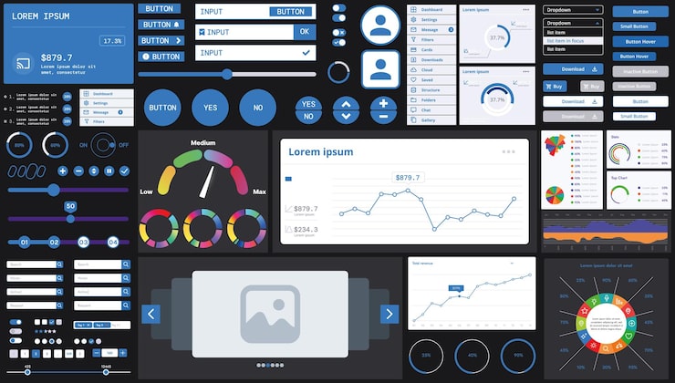 Vector a dark set of interface elements for web and mobile applications with modern icons buttons and graphs ideal for business analytics finance and data management