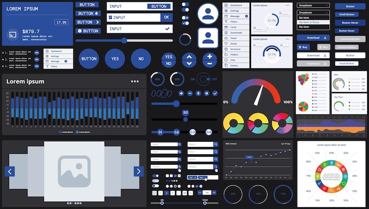 Vector a dark set of interface elements for web and mobile applications with modern icons buttons and graphs ideal for business analytics finance and data management