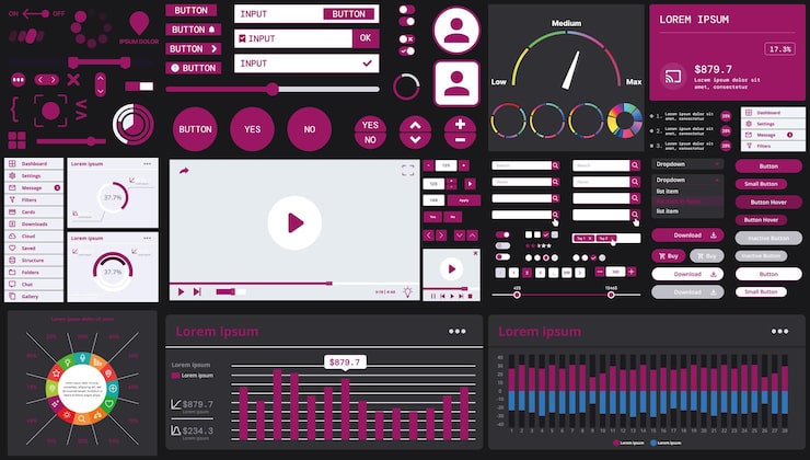 Vector a dark set of interface elements for web and mobile applications with modern icons buttons and graphs ideal for business analytics finance and data management