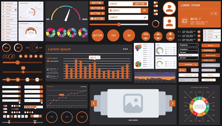 Vector a dark set of interface elements for web and mobile applications with modern icons buttons and graphs ideal for business analytics finance and data management