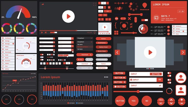 Vector a dark set of interface elements for web and mobile applications with modern icons buttons and graphs ideal for business analytics finance and data management