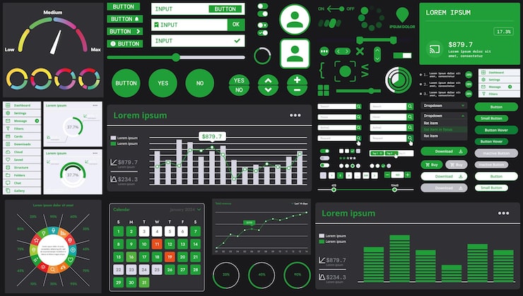 Vector a dark set of interface elements for web and mobile applications with modern icons buttons and graphs ideal for business analytics finance and data management