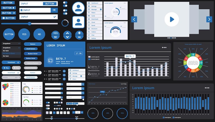 Vector a dark set of interface elements for web and mobile applications with modern icons buttons and graphs ideal for business analytics finance and data management