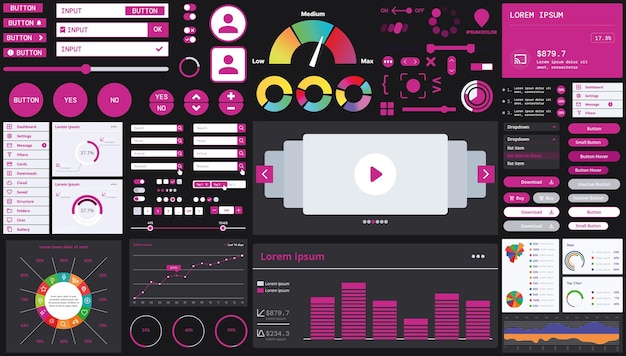 A dark set of interface elements for web and mobile applications with modern icons buttons and graphs ideal for business analytics finance and data management