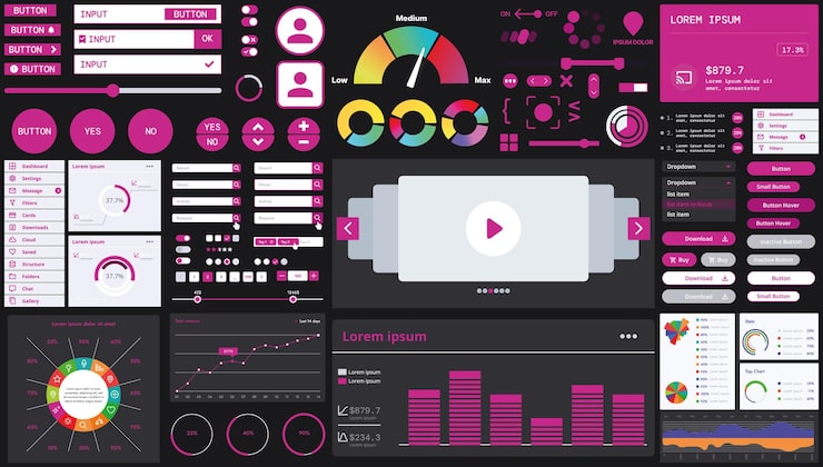 Vector a dark set of interface elements for web and mobile applications with modern icons buttons and graphs ideal for business analytics finance and data management