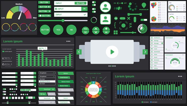 Vector a dark set of interface elements for web and mobile applications with modern icons buttons and graphs ideal for business analytics finance and data management
