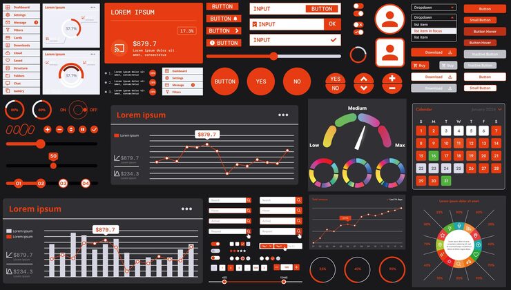 Vector a dark set of interface elements for web and mobile applications with modern icons buttons and graphs ideal for business analytics finance and data management