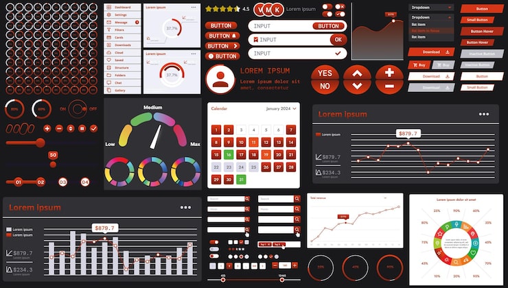 Vector a dark set of interface elements for web and mobile applications with modern icons buttons and graphs ideal for business analytics finance and data management