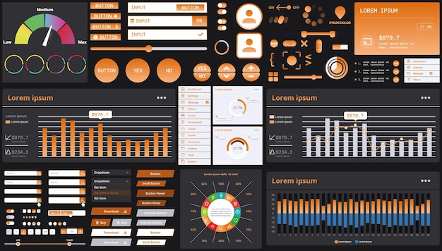 A dark set of interface elements for web and mobile applications with modern icons buttons and graphs ideal for business analytics finance and data management