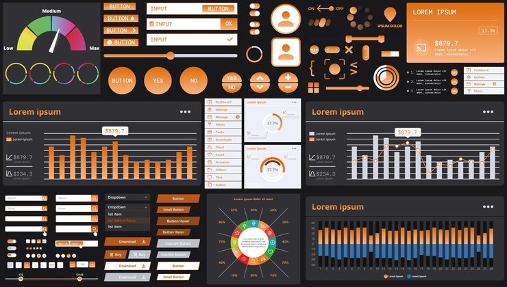 Vector a dark set of interface elements for web and mobile applications with modern icons buttons and graphs ideal for business analytics finance and data management