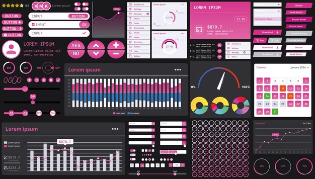 A dark set of interface elements for web and mobile applications with modern icons buttons and graphs ideal for business analytics finance and data management
