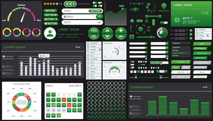 Vector a dark set of interface elements for web and mobile applications with modern icons buttons and graphs ideal for business analytics finance and data management