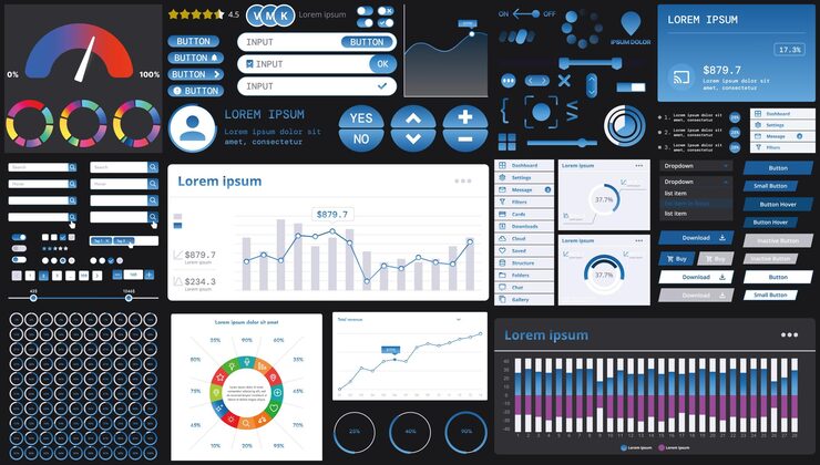 Vector a dark set of interface elements for web and mobile applications with modern icons buttons and graphs ideal for business analytics finance and data management