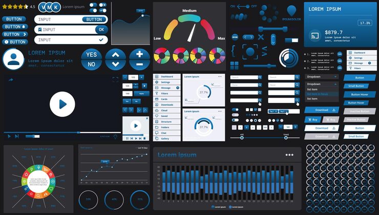 Vector a dark set of interface elements for web and mobile applications with modern icons buttons and graphs ideal for business analytics finance and data management