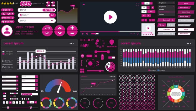 A dark set of interface elements for web and mobile applications with modern icons buttons and graphs ideal for business analytics finance and data management