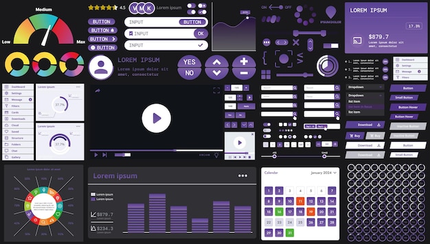 A dark set of interface elements for web and mobile applications with modern icons buttons and graphs ideal for business analytics finance and data management