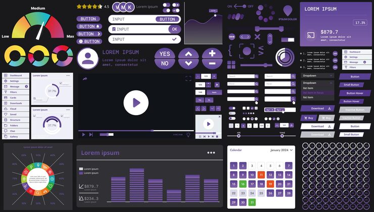 Vector a dark set of interface elements for web and mobile applications with modern icons buttons and graphs ideal for business analytics finance and data management