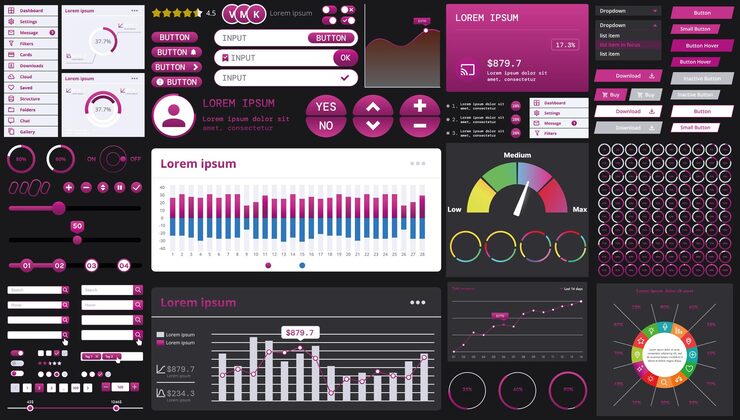 Vector a dark set of interface elements for web and mobile applications with modern icons buttons and graphs ideal for business analytics finance and data management