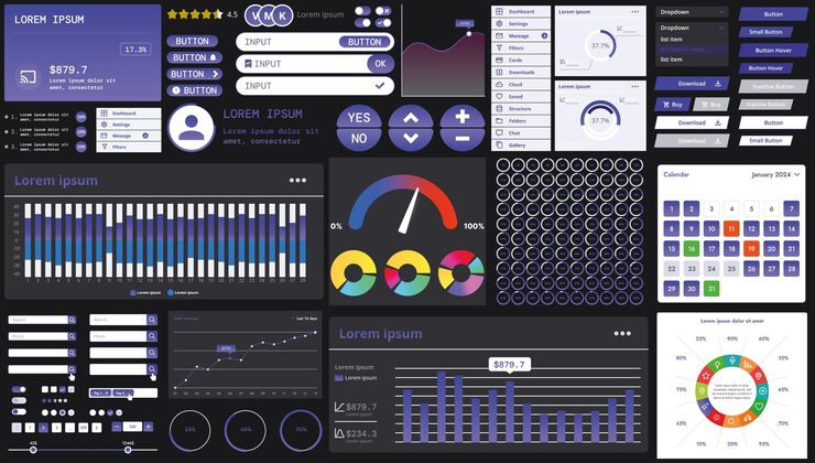 Vector a dark set of interface elements for web and mobile applications with modern icons buttons and graphs ideal for business analytics finance and data management