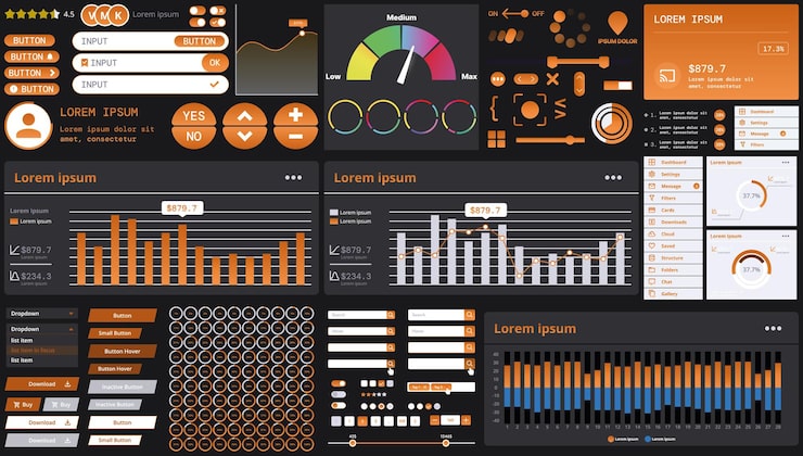 Vector a dark set of interface elements for web and mobile applications with modern icons buttons and graphs ideal for business analytics finance and data management