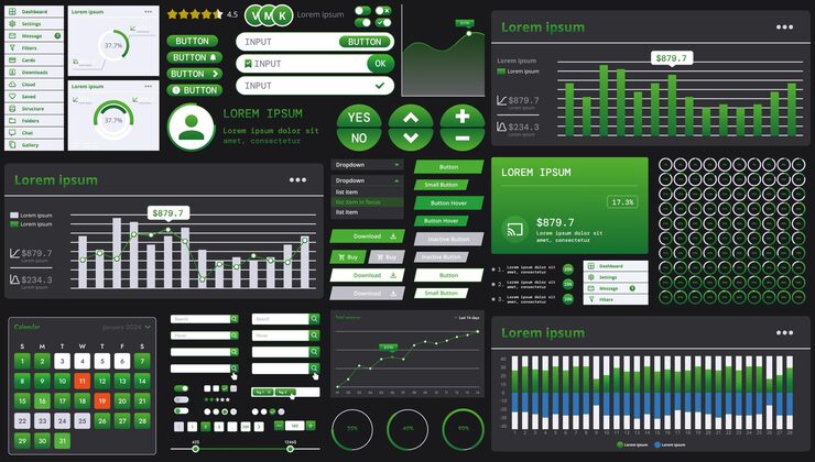 Vector a dark set of interface elements for web and mobile applications with modern icons buttons and graphs ideal for business analytics finance and data management