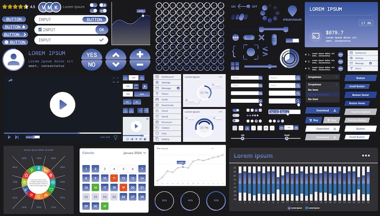 Vector a dark set of interface elements for web and mobile applications with modern icons buttons and graphs ideal for business analytics finance and data management