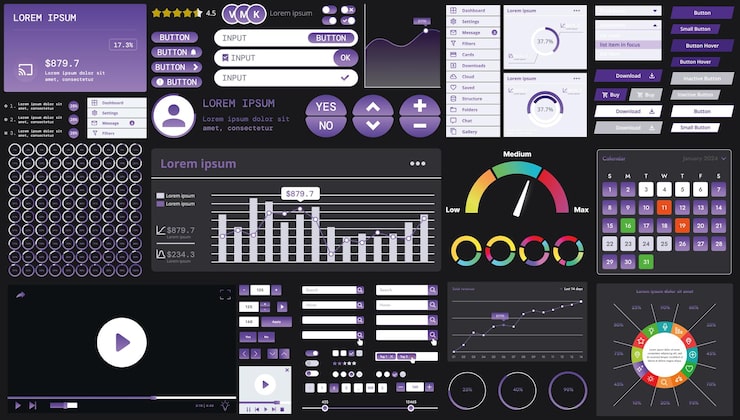 Vector a dark set of interface elements for web and mobile applications with modern icons buttons and graphs ideal for business analytics finance and data management