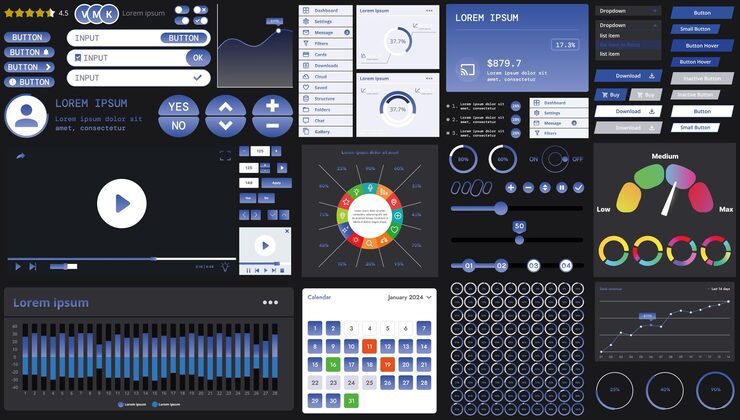 Vector a dark set of interface elements for web and mobile applications with modern icons buttons and graphs ideal for business analytics finance and data management